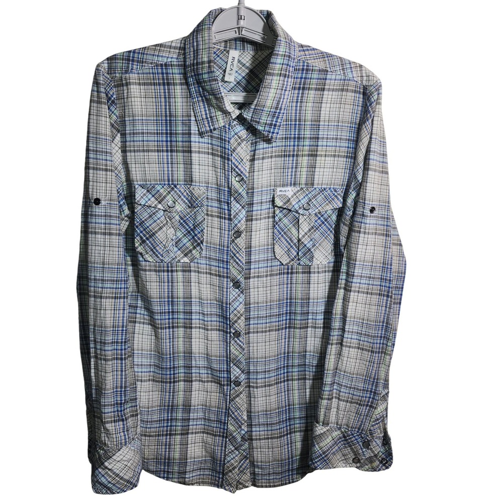 RVCA Mens Plaid Long‎ Sleeve Snap Button Down Western Shirt Blue Green Large
